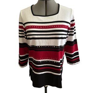 Alfred Dunner Red Wh Blk Striped Stud Embellished 3/4 Sleeve Scoop Neck Top S